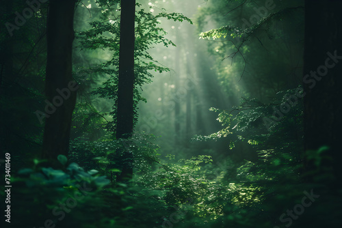 Misty forest in the morning fog before rain. Magical dense thicket of forest against sunlight breaking through dense foliage on background. Mysterious landscape and fantasy nature concept.