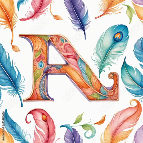 Ornate Watercolor Feather Illustration with Bright Colors & Alphabet Typography