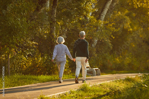 Canvastavla Backside view of a senior family couple enjoying a stroll hand in hand through the city park