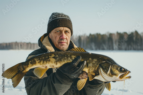 fisherman with a big caught fish trophy on a frozen lake in winter