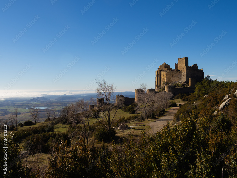 View of the castle and wall of Loarre (Huesca). Aragon. Spain