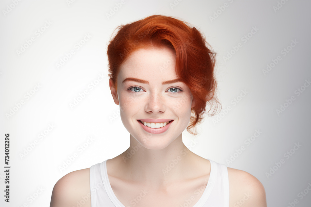 Redhead young woman with perfect teeth and smile, short hair and soft skin, smiling at the camera, isolated on a white background. Cosmetics and dental clinic Redhead young woman with perfect teeth and smile, short hair and soft skin, smiling at the camera, isolated on a white background. Cosmetics and dental clinic