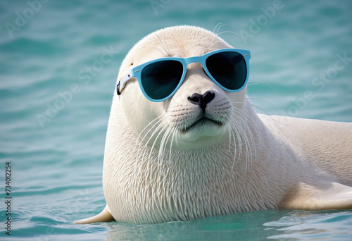 Adorable Seal with Sunglasses on Blue Studio Background