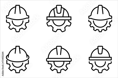 Construction helmet on the gear icons set. Construction, labor and engineering symbols. vector illustration on white background