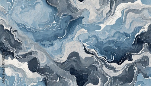 Abstract fluid art with swirl of acrylic pouring paints. Modern blue and gray painting. photo