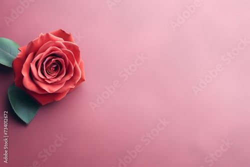 A top view of a burgundy rose on a pastel coral surface, creating a visually appealing space for text creativity.