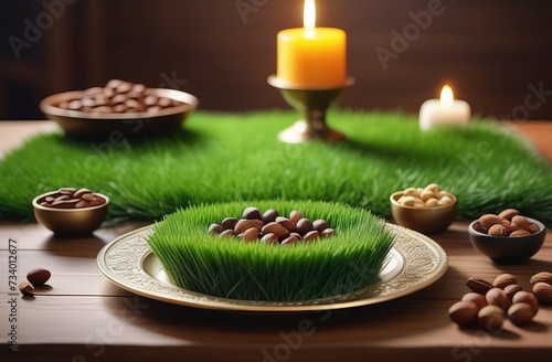 On the table there is a plate with green grass, nuts, Novruz Bayram holiday. Nowruz