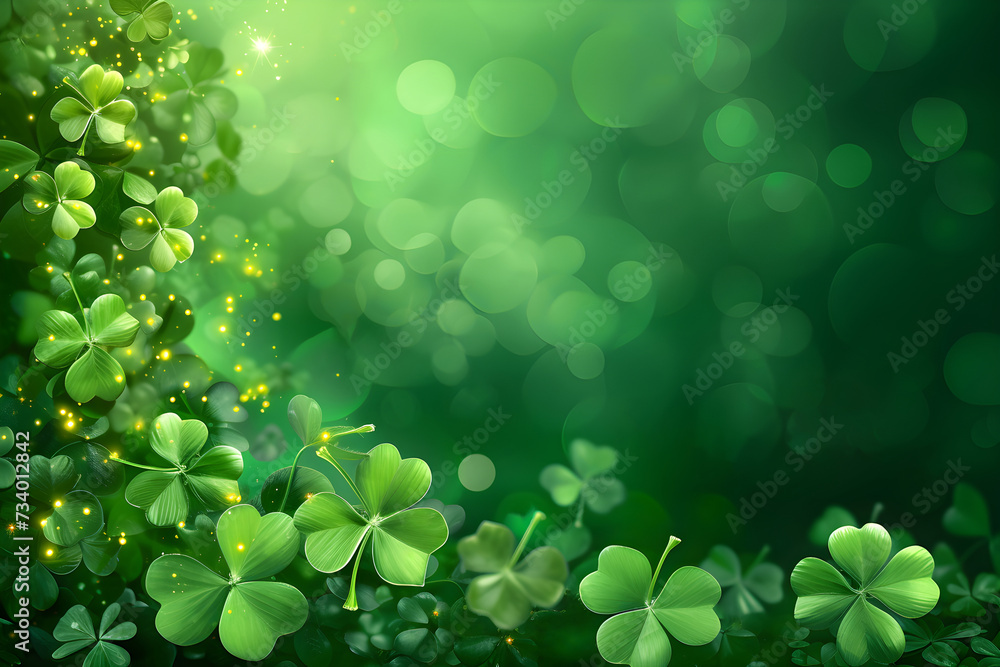 Frame with lucky clover leaves on green background with copy space. Banner for St. Patrick's day concept. Shamrocks Irish holiday symbol. Templates for celebration, ads, branding, cover, greeting card Frame with lucky clover leaves on green background with copy space. Banner for St. Patrick's day concept. Shamrocks Irish holiday symbol. Templates for celebration, ads, branding, cover, greeting card