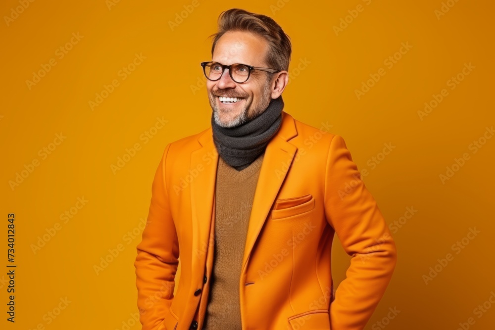 Portrait of a handsome man in orange jacket and scarf over yellow background Portrait of a handsome man in orange jacket and scarf over yellow background