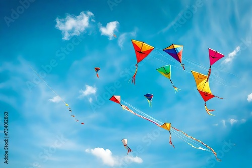 An imaginative kite flyer sending colorful kites soaring high in the clear blue sky. Concept of recreation and aviation