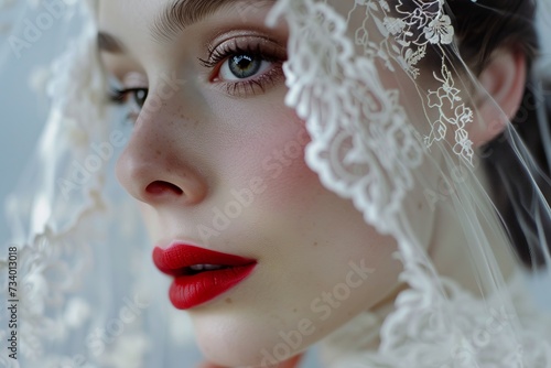 Braut in Nahaufnahme, die einen Schleier und ein Hochzeitskleid trägt. Sie hat markante rote Lippen und eine elegante Frisur