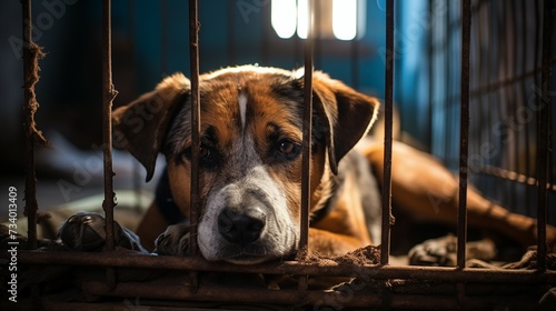 Photograph of poor abandoned dog in an old cage. Behind rusty bars.