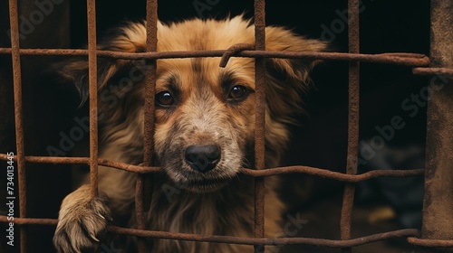 Photograph of poor abandoned dog in an old cage. Behind rusty bars. © Meta