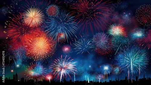 Explosive fireworks lighting up the night sky in a festive celebration.