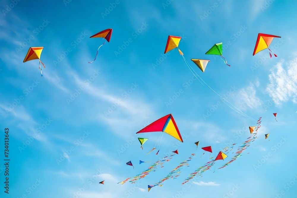 An imaginative kite flyer sending colorful kites soaring high in the clear blue sky. Concept of recreation and aviation An imaginative kite flyer sending colorful kites soaring high in the clear blue sky. Concept of recreation and aviation