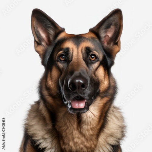 German Shepherd dog's face on a white background.