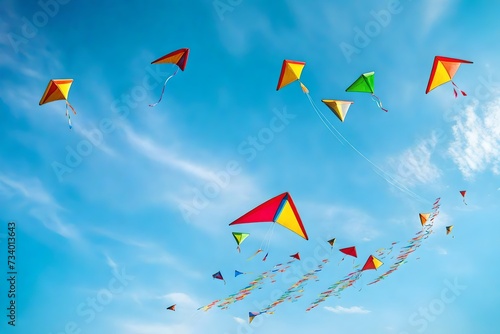 An imaginative kite flyer sending colorful kites soaring high in the clear blue sky. Concept of recreation and aviation