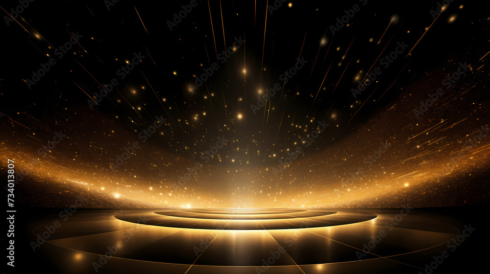 Obraz premium Luxurious and futuristic golden empty stage, golden particles background in stage shape