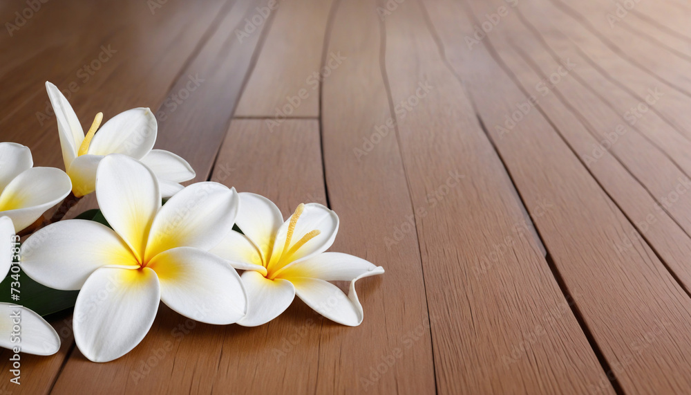 Rustic Wooden Table adorned with Beautiful White Frangipani Blossoms Rustic Wooden Table adorned with Beautiful White Frangipani Blossoms