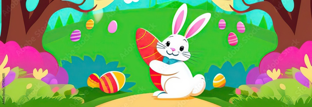 an Easter bunny hugs another Easter bunny on a path in a park, next to a wicker basket with colored eggs, trees in the background an Easter bunny hugs another Easter bunny on a path in a park, next to a wicker basket with colored eggs, trees in the background