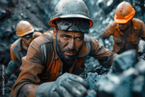 multiracial miners in safety helmets in a mine extract minerals coal