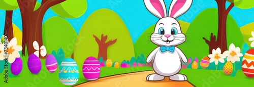 an Easter bunny hugs another Easter bunny on a path in a park  next to a wicker basket with colored eggs  trees in the background