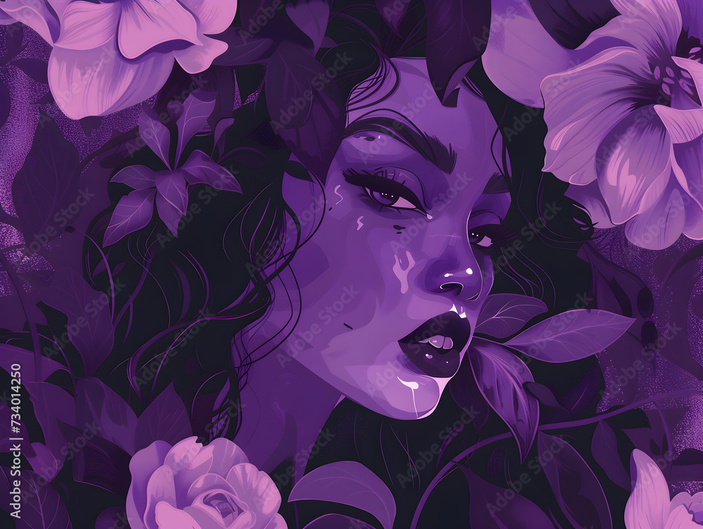 Serenely Alluring Woman in Purple Dreamscape: Ethereal Beauty with Floral Adornments - Concept of Mystery and Enchantment in Digital Art