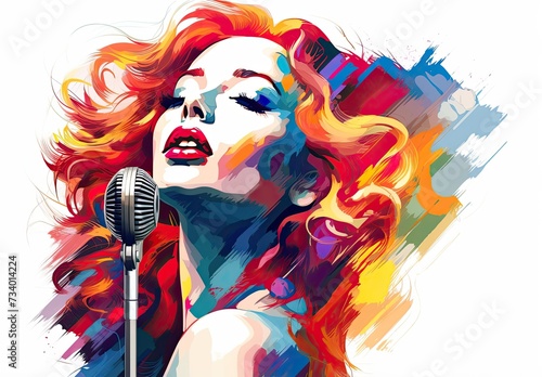 A girl soloist with a microphone sings. Portrait of female vocalist in painted style. Digital art illustration for cover, card, postcard, interior design, banner, poster, brochure or presentation. photo