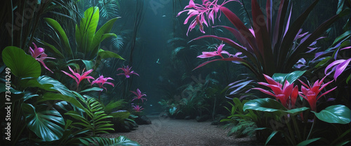 Vibrant Tropical Jungle Plants Illuminated by Neon Lights in Enchanted Forest