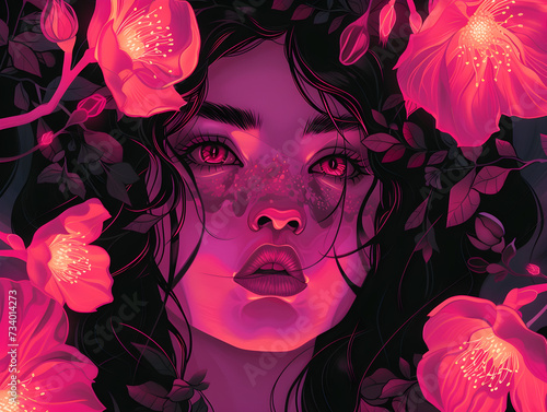 Enchanted Serenity  Ethereal Woman with Glowing Pink Eyes Amidst Floral Cascade - Realistic Digital Painting Evoking Mystery and Enchantment  Concept of Feminine Beauty and Mystique