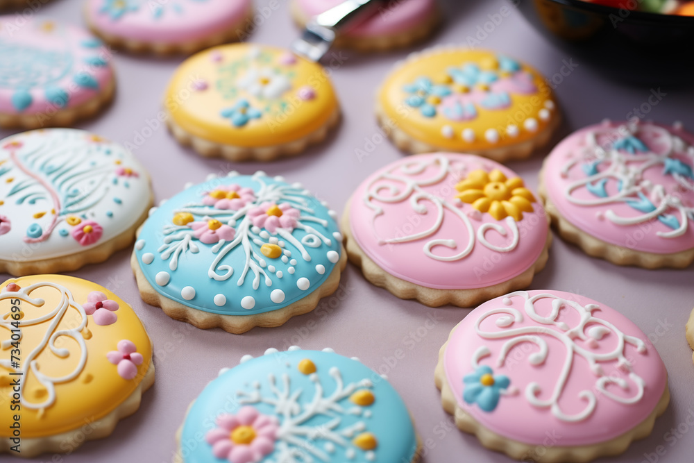 Colorful glazed Easter cookies on pink background, close-up