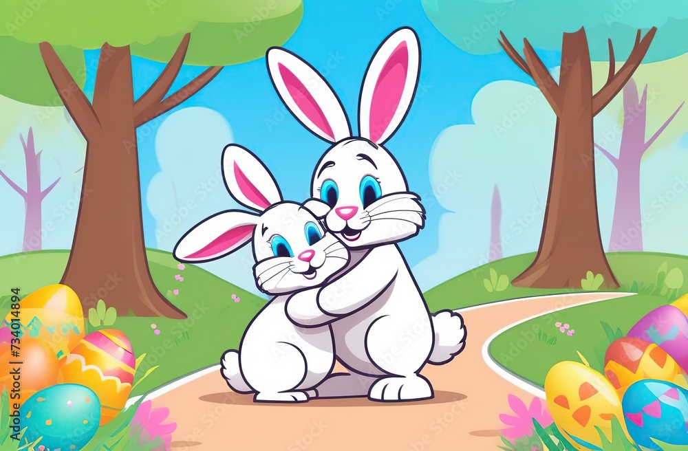 Fototapeta premium an Easter bunny hugs another Easter bunny on a path in a park, next to a wicker basket with colored eggs, trees in the background