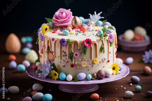 Easter cake with colored eggs and flowers on a dark background.