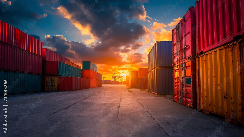 Fototapeta premium Container cargo freight ship against urban skyline with blue sky and clouds, industrial buildings, and steel structures
