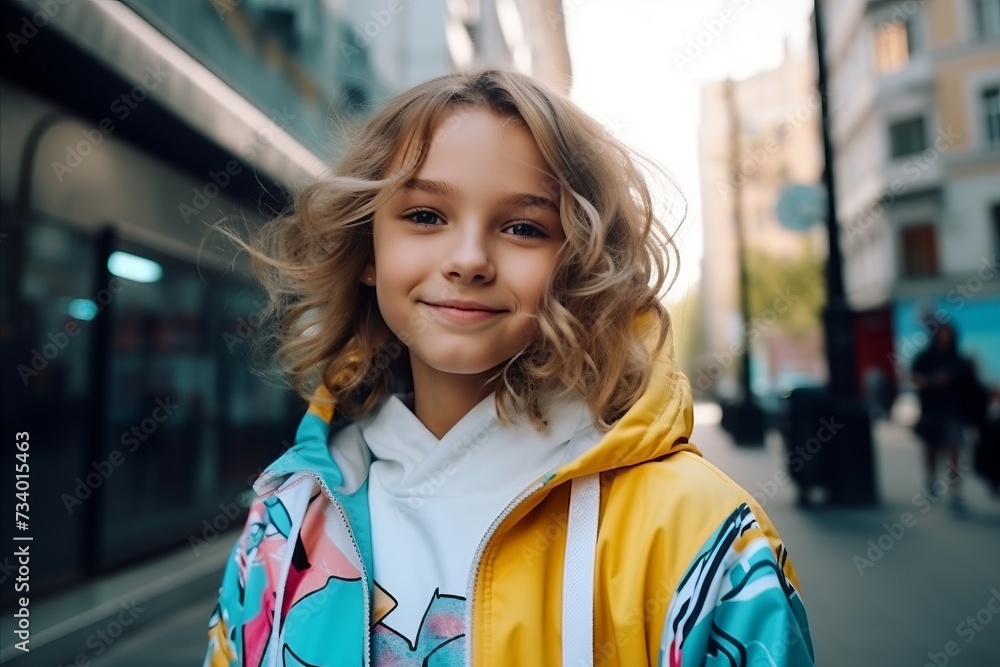 Outdoor portrait of a beautiful girl with blond curly hair in a yellow jacket Outdoor portrait of a beautiful girl with blond curly hair in a yellow jacket