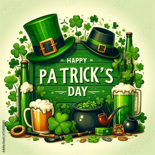 Green Patrick's Day greeting banner with green clovers, beer mug, beer bottle, horseshoe, hat, and pipe. Horizontal background, headers, posters, cards, website. Vector illustration generative ai photo