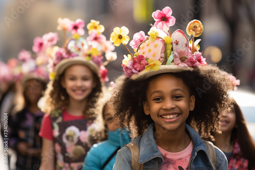 happy African American little girl with flower crown on head in city. Children wearing Easter bonne