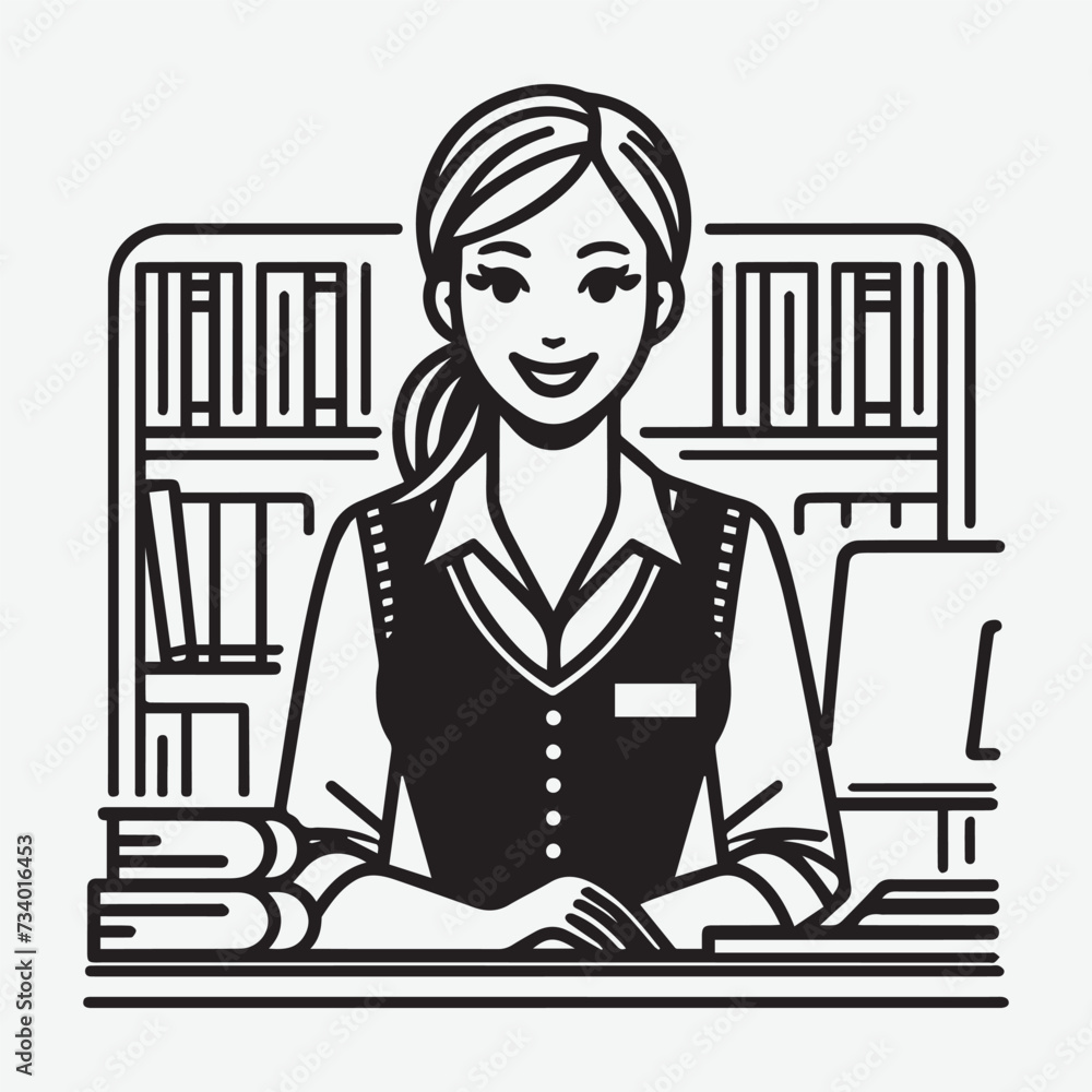 female librarian vector silhouette black and white
