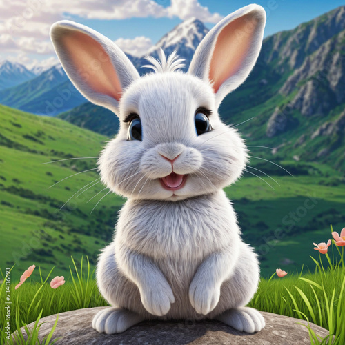 Funny rabbit cartoon on mountain vector illustration