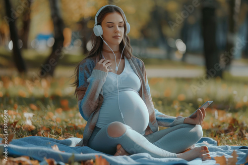 pregnant woman in earphones listening to music, meditation app on smartphone and meditating in lotus pose at autumn park photo