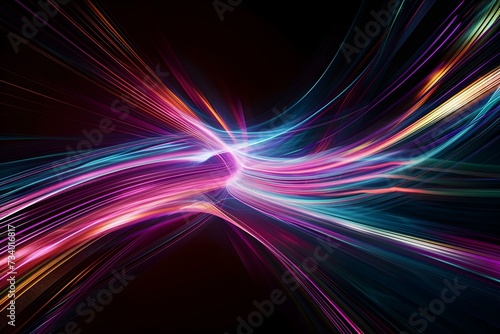 Abstract Multicolor Background Element on Black. Fractal Graphics. Three-dimensional Composition of Glowing Lines and Mption Blur Traces. Movement and Innovation Concept.