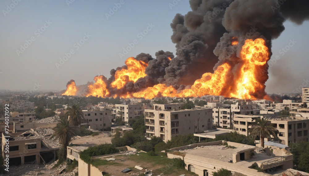 Burning ruins of destroyed houses in city from bombs or missile attacks