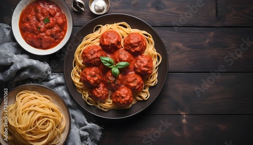 Meatballs in tomato sauce and pasta on dark wooden table