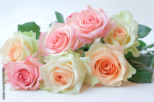 a arrangement of pink green roses on a white backgrou