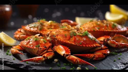 fresh Brown Crab (Cancer Pagarus) with spices for cooking close-up on the table. country style
