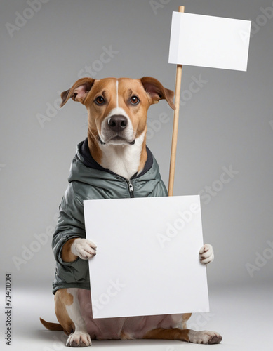 Stray dog wearing coat holds blank sign © SR07XC3