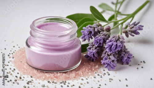 Lavender-infused natural scrub on white textured background