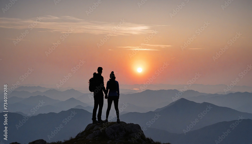 Romantic Couple Embracing at Sunset Summit