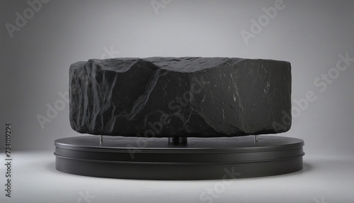 Product showcase platform with sleek black rock pedestal