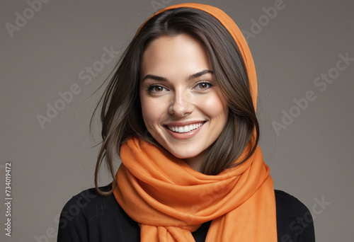 Beautiful brunette with orange scarf, smiling portrait on transparent background